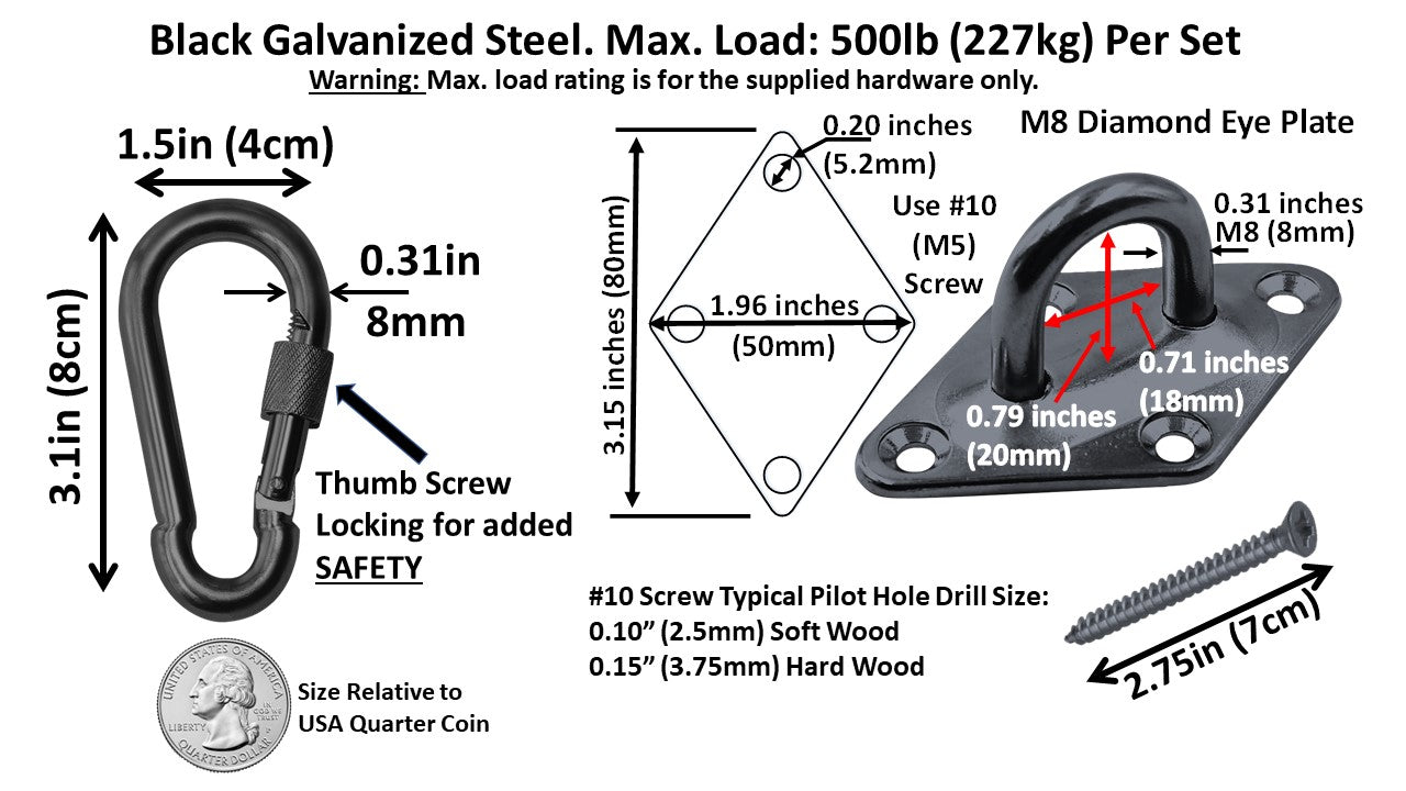Heavy Duty 1000lb Hammock Hanging Kits, 304 Stainless Steel & Black Zinc Galvanized Steel Corrosion Resistant