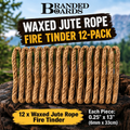 Branded Boards Waxed Jute Rope Fire Tinder 12-pack, showing 12 individual twisted rope pieces arranged vertically on a log with a forest background. Text overlays specify the product type, pack size, and dimensions.