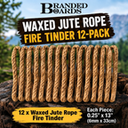 Branded Boards Waxed Jute Rope Fire Tinder 12-pack, showing 12 individual twisted rope pieces arranged vertically on a log with a forest background. Text overlays specify the product type, pack size, and dimensions.