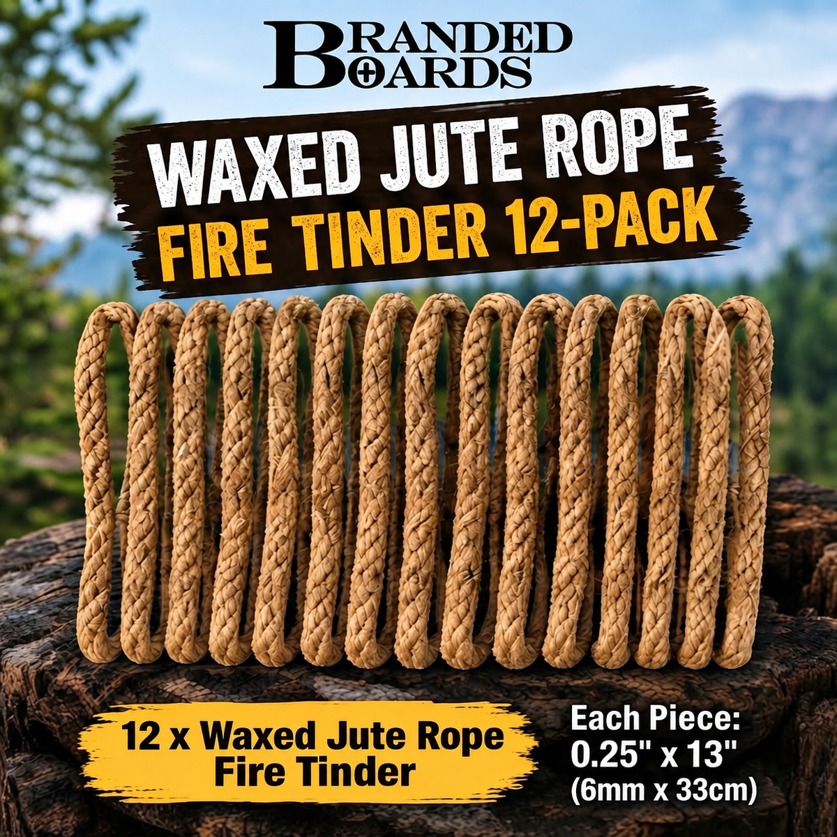 Branded Boards Waxed Jute Rope Fire Tinder 12-pack, showing 12 individual twisted rope pieces arranged vertically on a log with a forest background. Text overlays specify the product type, pack size, and dimensions.