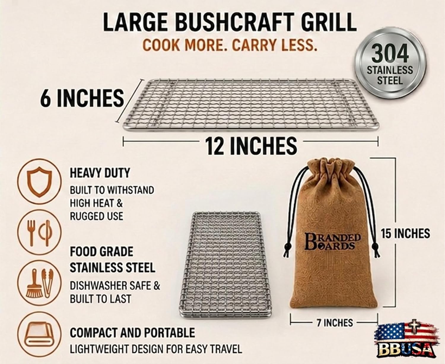 Portable Bushcraft Stainless BBQ Large Cooking Grill Grate & Burlap Hemp Drawstring Bag. Camping, Campfires, Backpacking, Hunting & Fishing. (Large Grill & Bag ONLY)