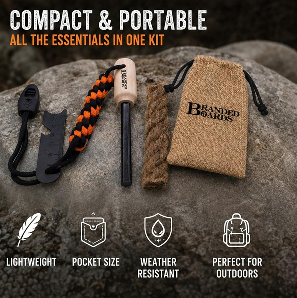 Bushcraft Fire Starter Kits. Ferrocerium Rod, Multi Tool Fire Striker, Waterproof Waxed Jute Rope Tinder, Survival Paracord, Emergency Whistle, Burlap Bag