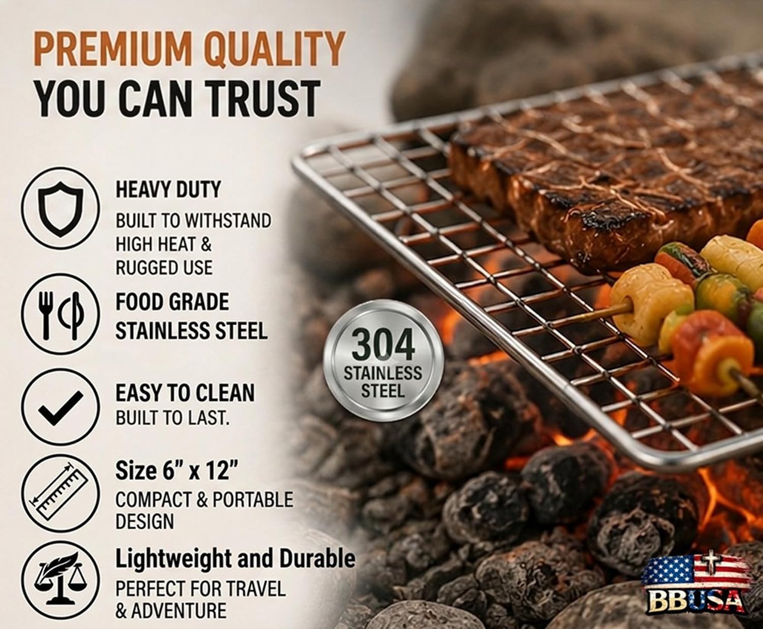Portable Bushcraft Stainless BBQ Large Cooking Grill Grate & Burlap Hemp Drawstring Bag. Camping, Campfires, Backpacking, Hunting & Fishing. (Large Grill & Bag ONLY)