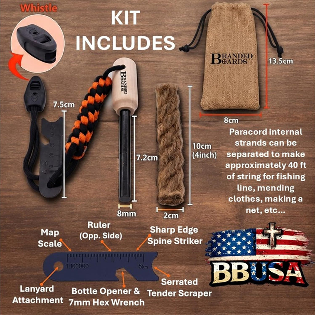 Bushcraft Fire Starter Kits. Ferrocerium Rod, Multi Tool Fire Striker, Waterproof Waxed Jute Rope Tinder, Survival Paracord, Emergency Whistle, Burlap Bag