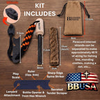 Bushcraft Fire Starter Kits. Ferrocerium Rod, Multi Tool Fire Striker, Waterproof Waxed Jute Rope Tinder, Survival Paracord, Emergency Whistle, Burlap Bag