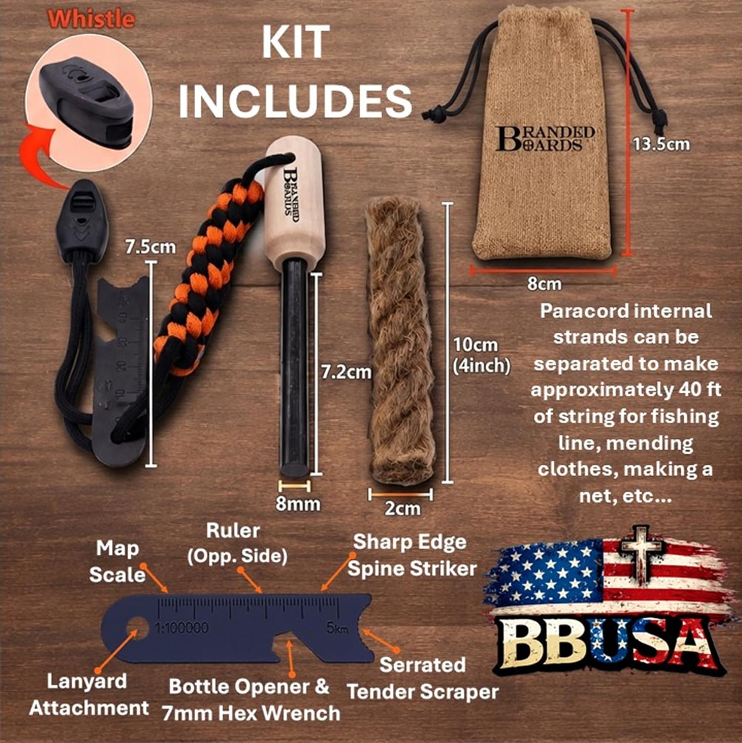 Bushcraft Fire Starter Kits. Ferrocerium Rod, Multi Tool Fire Striker, Waterproof Waxed Jute Rope Tinder, Survival Paracord, Emergency Whistle, Burlap Bag