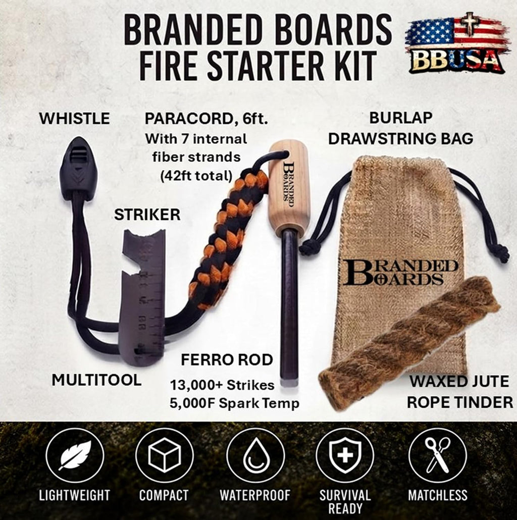 Bushcraft Fire Starter Kits. Ferrocerium Rod, Multi Tool Fire Striker, Waterproof Waxed Jute Rope Tinder, Survival Paracord, Emergency Whistle, Burlap Bag