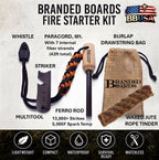 Bushcraft Fire Starter Kits. Ferrocerium Rod, Multi Tool Fire Striker, Waterproof Waxed Jute Rope Tinder, Survival Paracord, Emergency Whistle, Burlap Bag