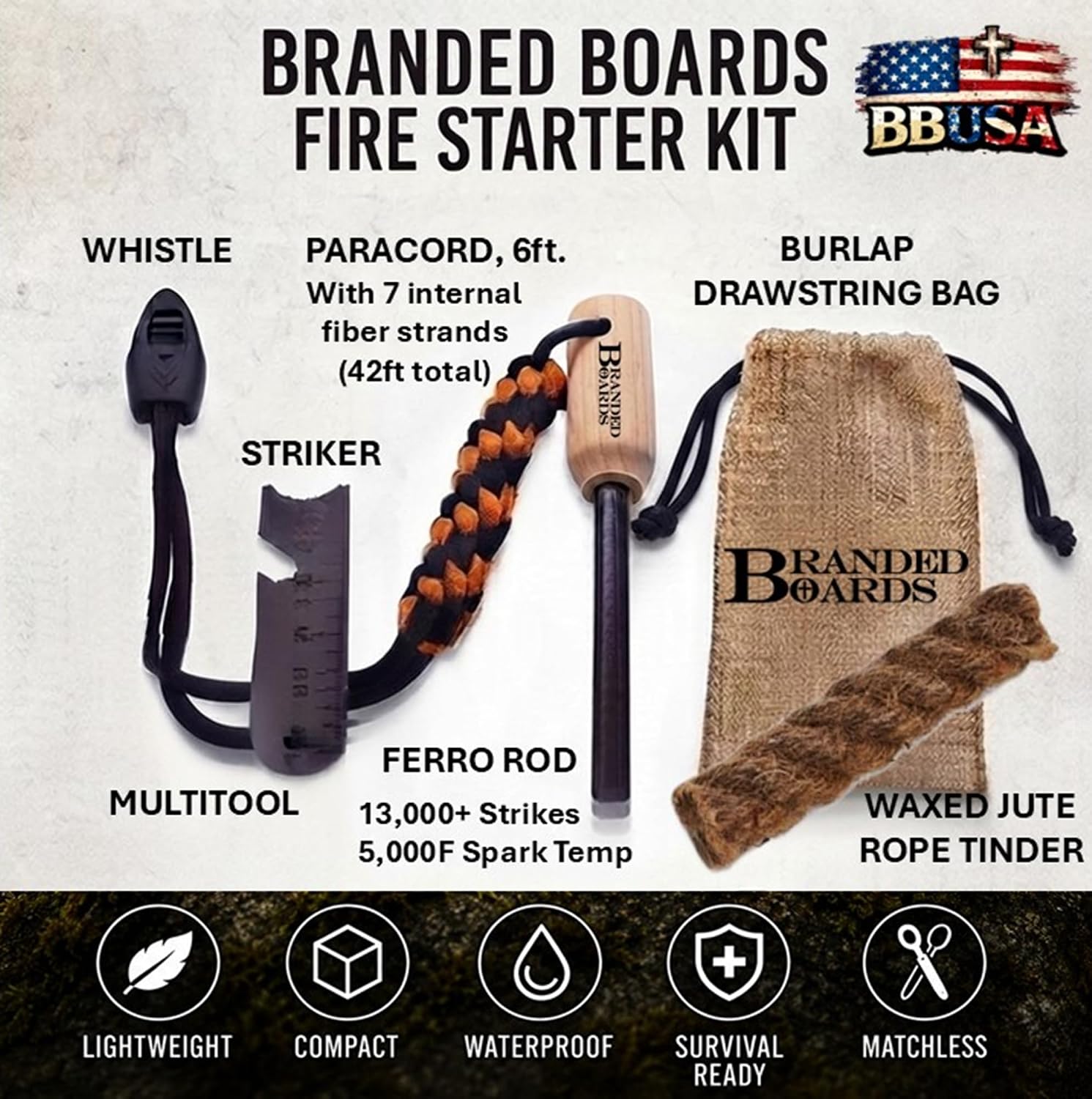 Bushcraft Fire Starter Kits. Ferrocerium Rod, Multi Tool Fire Striker, Waterproof Waxed Jute Rope Tinder, Survival Paracord, Emergency Whistle, Burlap Bag