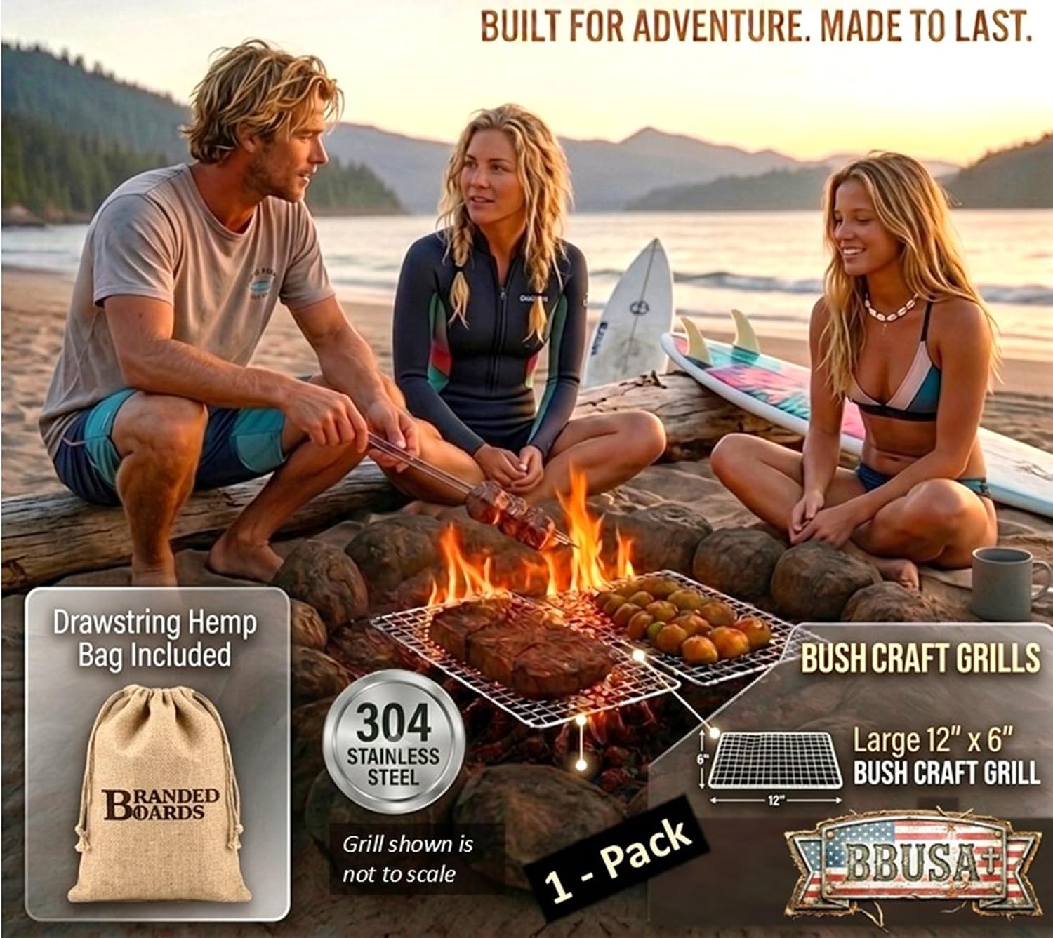 Portable Bushcraft Stainless BBQ Large Cooking Grill Grate & Burlap Hemp Drawstring Bag. Camping, Campfires, Backpacking, Hunting & Fishing. (Large Grill & Bag ONLY)