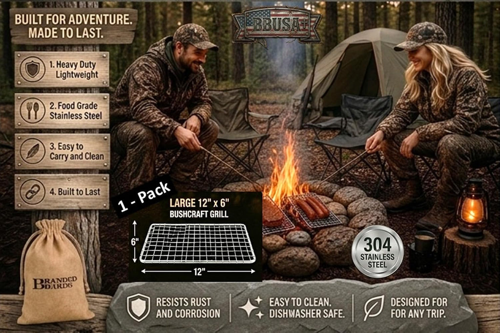 Portable Bushcraft Stainless BBQ Large Cooking Grill Grate & Burlap Hemp Drawstring Bag. Camping, Campfires, Backpacking, Hunting & Fishing. (Large Grill & Bag ONLY)