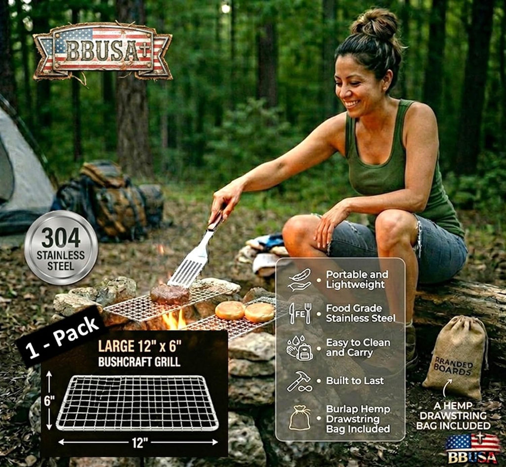 Portable Bushcraft Stainless BBQ Large Cooking Grill Grate & Burlap Hemp Drawstring Bag. Camping, Campfires, Backpacking, Hunting & Fishing. (Large Grill & Bag ONLY)