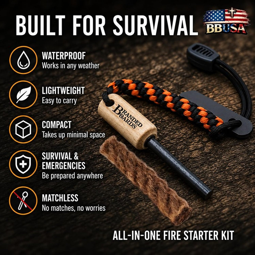Bushcraft Fire Starter Kits. Ferrocerium Rod, Multi Tool Fire Striker, Waterproof Waxed Jute Rope Tinder, Survival Paracord, Emergency Whistle, Burlap Bag