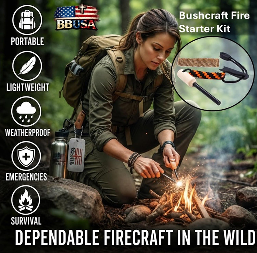 Bushcraft Fire Starter Kits. Ferrocerium Rod, Multi Tool Fire Striker, Waterproof Waxed Jute Rope Tinder, Survival Paracord, Emergency Whistle, Burlap Bag