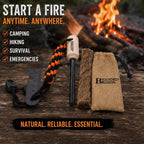 Bushcraft Fire Starter Kits. Ferrocerium Rod, Multi Tool Fire Striker, Waterproof Waxed Jute Rope Tinder, Survival Paracord, Emergency Whistle, Burlap Bag