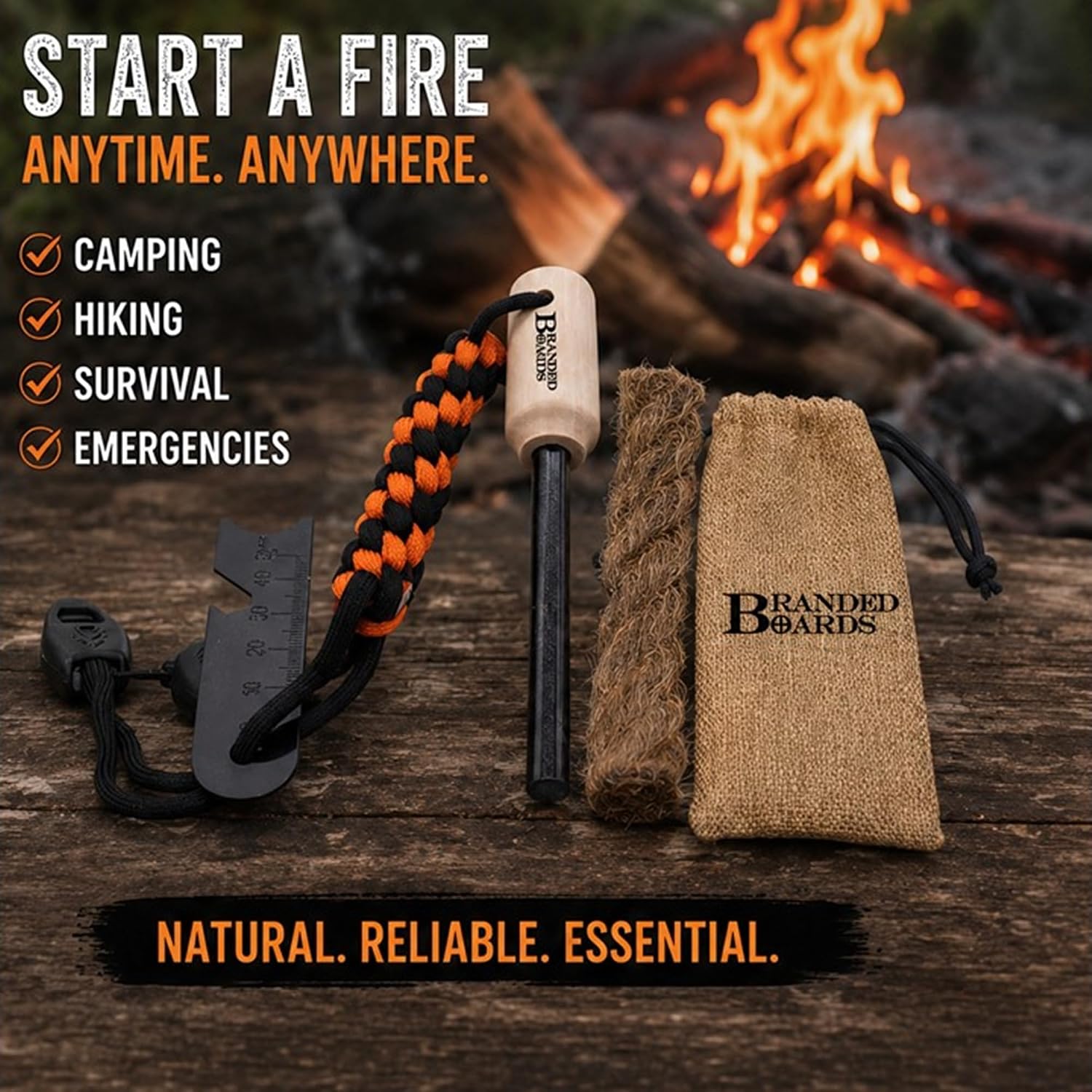 Bushcraft Fire Starter Kits. Ferrocerium Rod, Multi Tool Fire Striker, Waterproof Waxed Jute Rope Tinder, Survival Paracord, Emergency Whistle, Burlap Bag