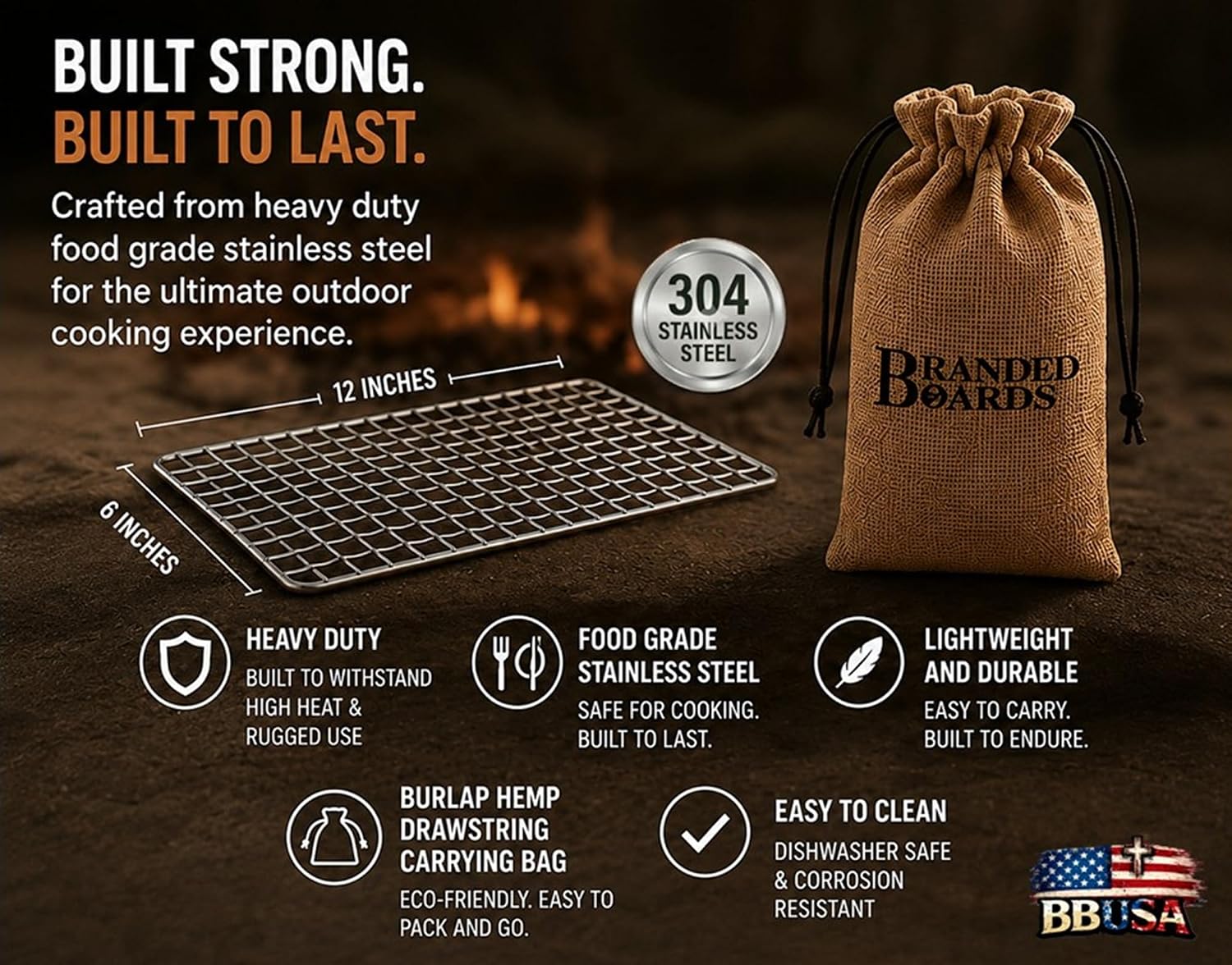 Portable Bushcraft Stainless BBQ Large Cooking Grill Grate & Burlap Hemp Drawstring Bag. Camping, Campfires, Backpacking, Hunting & Fishing. (Large Grill & Bag ONLY)