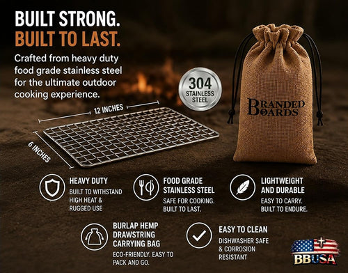 Portable Bushcraft Stainless BBQ Large Cooking Grill Grate & Burlap Hemp Drawstring Bag. Camping, Campfires, Backpacking, Hunting & Fishing. (Large Grill & Bag ONLY)