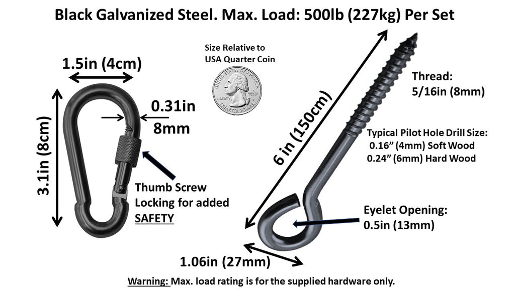Hammock Hanging Kits | Eye-Screw & Carabiner | Black Zinc Steel