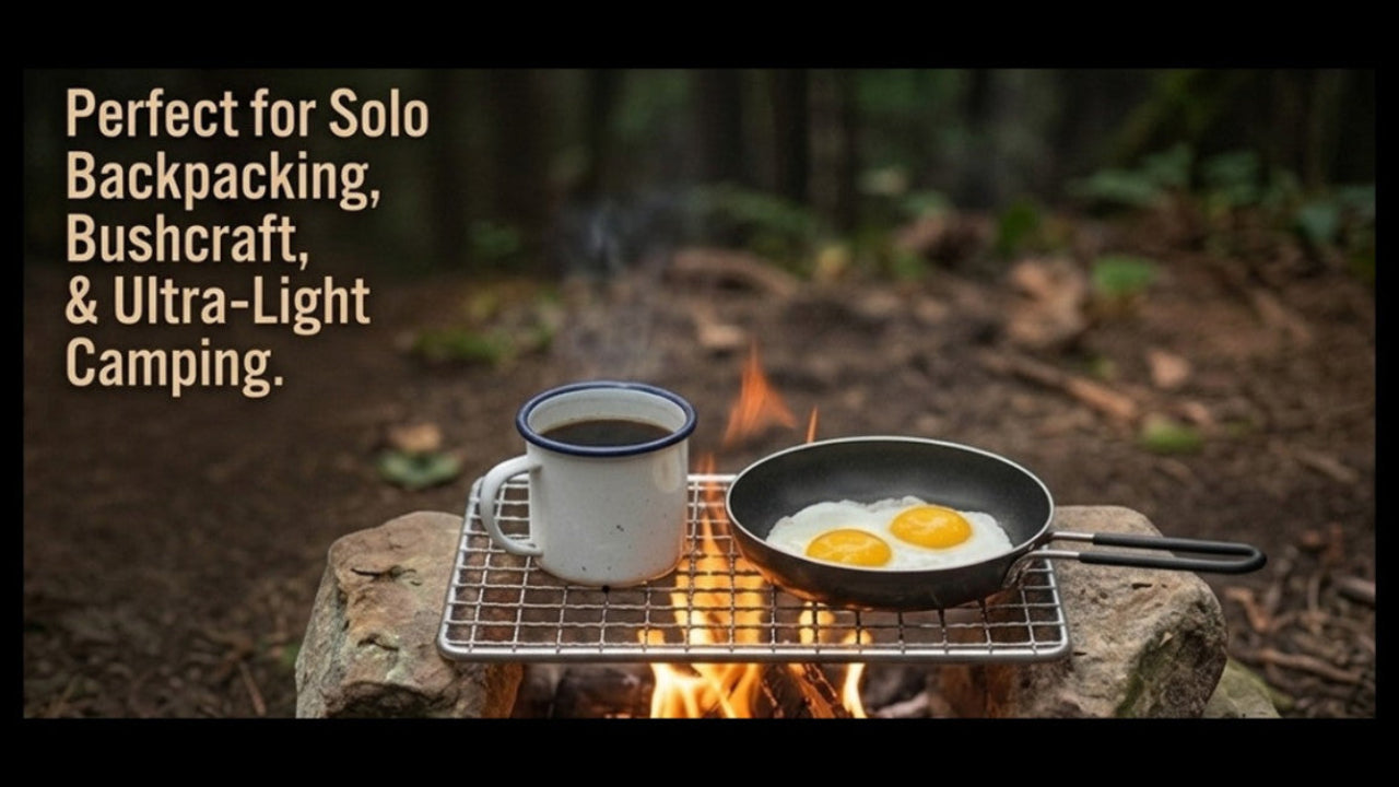 A camping cook setup outdoors with a white enamel mug and a black frying pan with two sunny-side-up eggs on a metal grill over an open fire. Text on the left reads, 'Perfect for Solo Backpacking, Bushcraft, & Ultra-Light Camping.