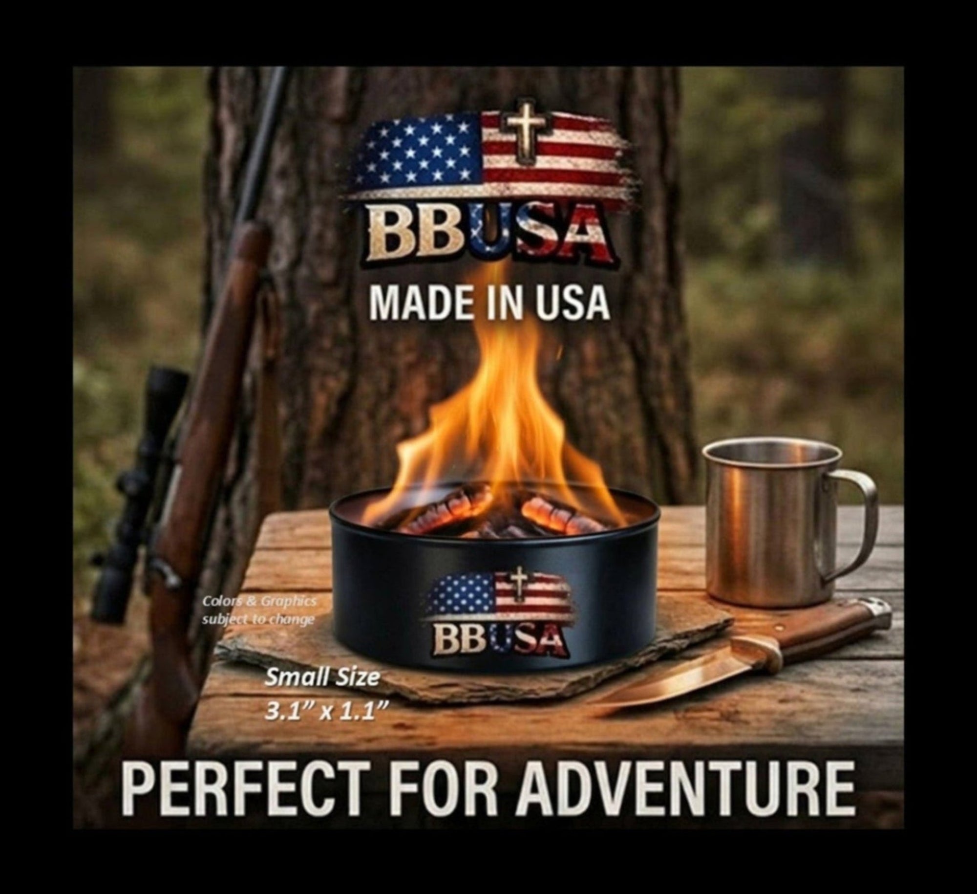 BBUSA product with American flag design on a wooden table with fire and mug
