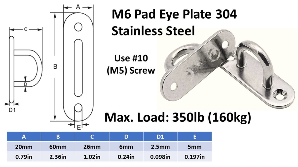Heavy-Duty M6 Oval Pad Eye Plates | 304 Stainless Steel