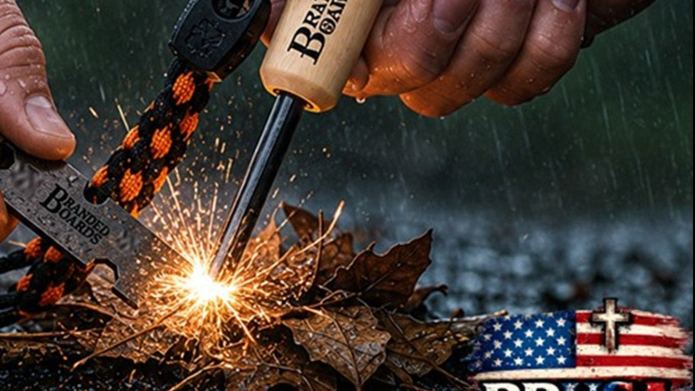 A close-up of two hands using a BBUSA fire starter tool with a black and orange paracord lanyard to ignite sparks over wet leaves in the rain. Large white text reads 'WORKS WHEN WET' at the top and 'SURVIVE THE ELEMENTS' at the bottom, with a BBUSA logo and American flag graphic in the lower right.