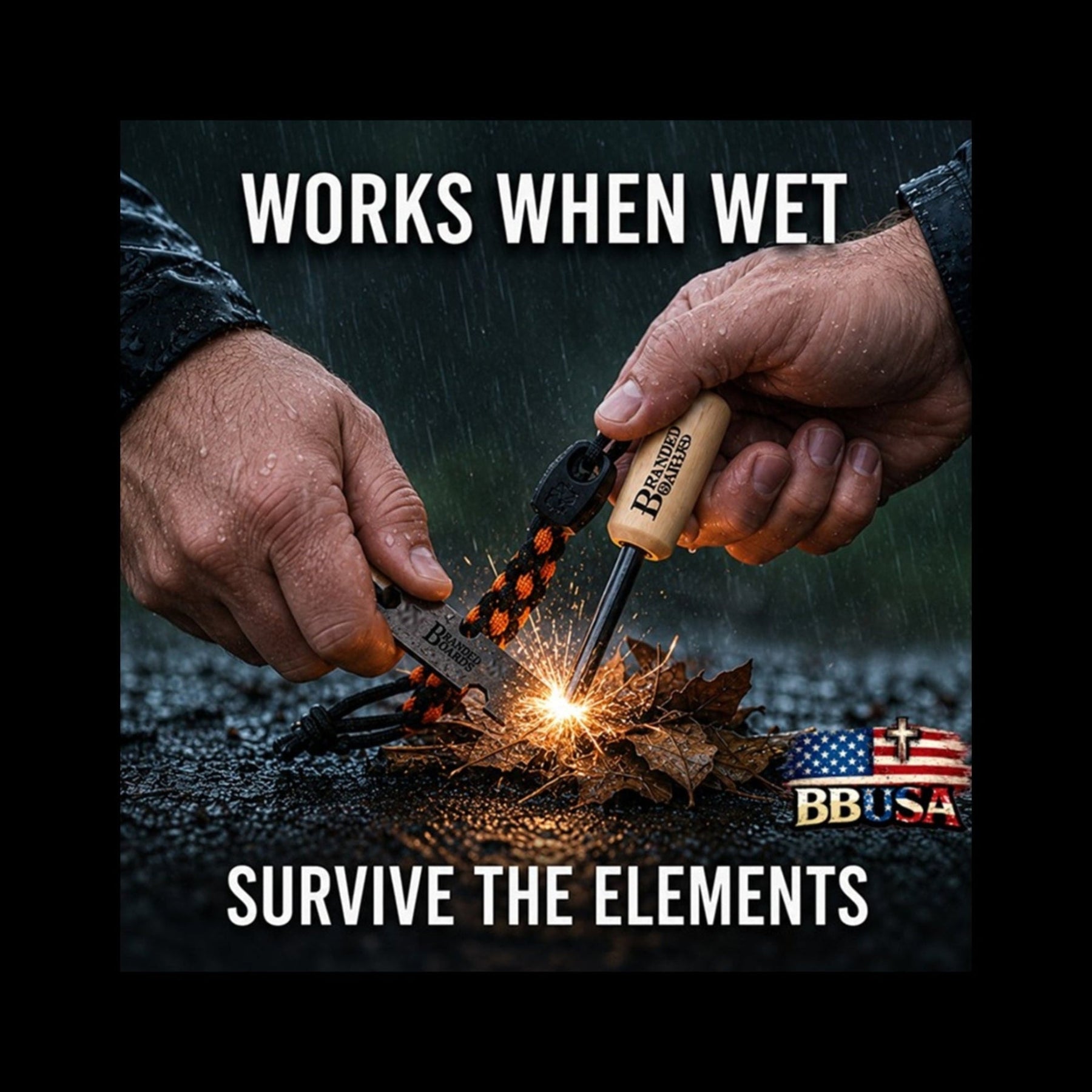 A close-up of two hands using a BBUSA fire starter tool with a black and orange paracord lanyard to ignite sparks over wet leaves in the rain. Large white text reads 'WORKS WHEN WET' at the top and 'SURVIVE THE ELEMENTS' at the bottom, with a BBUSA logo and American flag graphic in the lower right.
