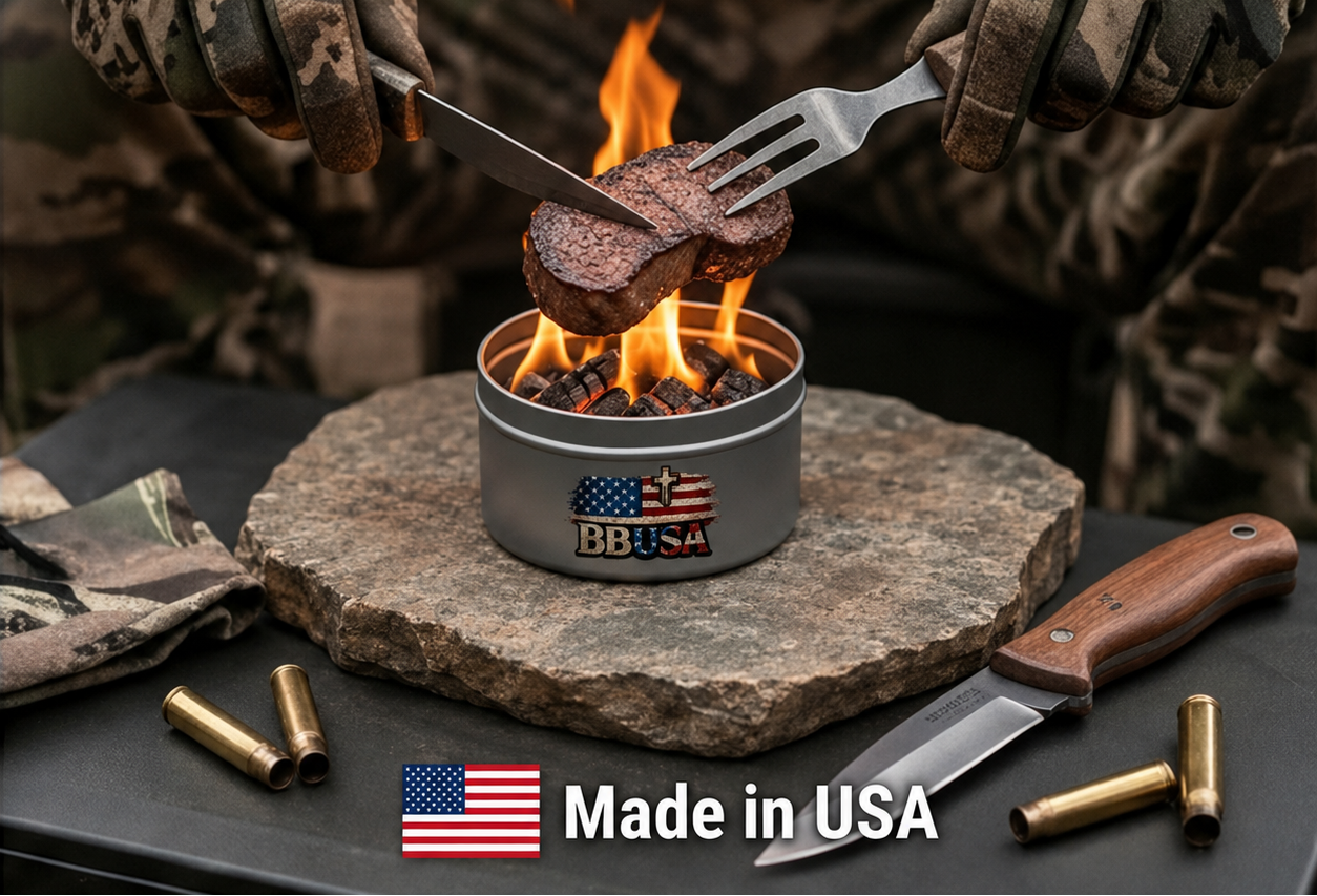 A small cylindrical camping stove with visible flames holds a piece of meat over a stone surface, with a person in camouflage gloves holding tongs above it. Text on the image reads 'ALL NATURAL AND / SAFE FOR COOKING' and 'Made in USA', with a BBUSA logo on the stove.