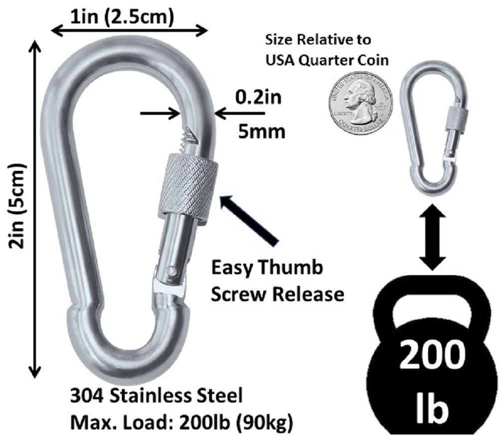 Heavy Duty 2" & 2.8" Stainless Steel Thumb Screw Locking Carabiner Spring Snap Clip Link Hooks