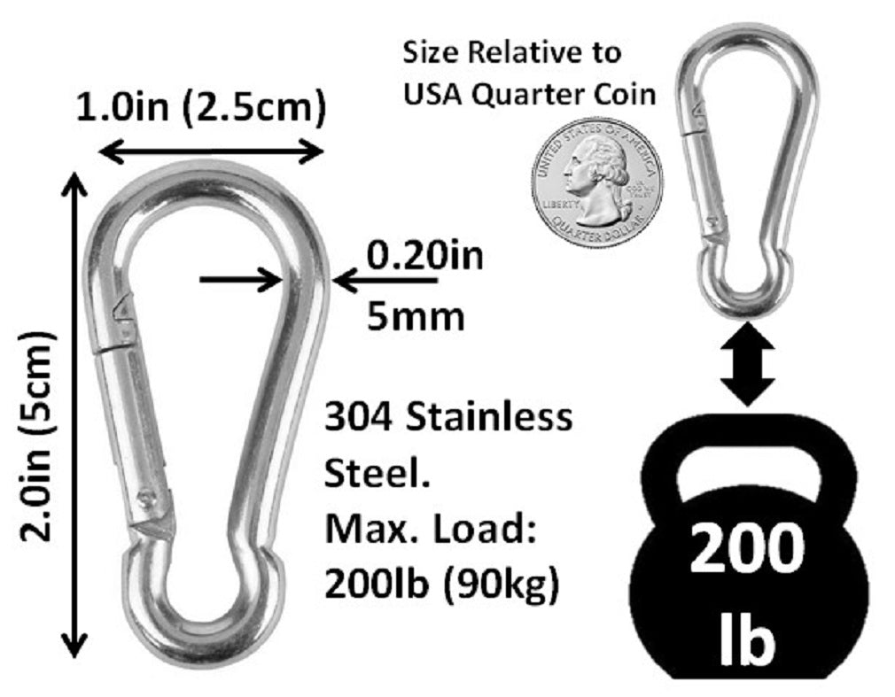Heavy Duty 2" & 2.8" Stainless Steel Carabiner Spring Snap Clip Link Hooks