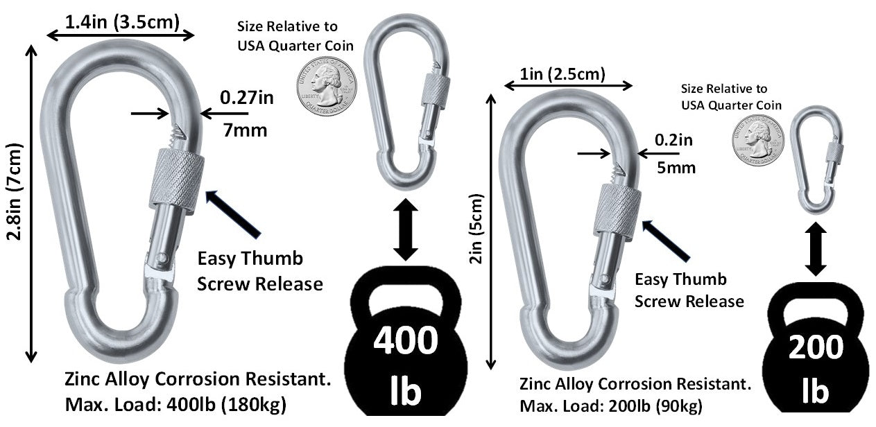 Heavy Duty 2" & 2.8" Locking Thumb Screw Closure Zinc-Galvanized Steel Carabiner Spring Snap Clip Link Hooks