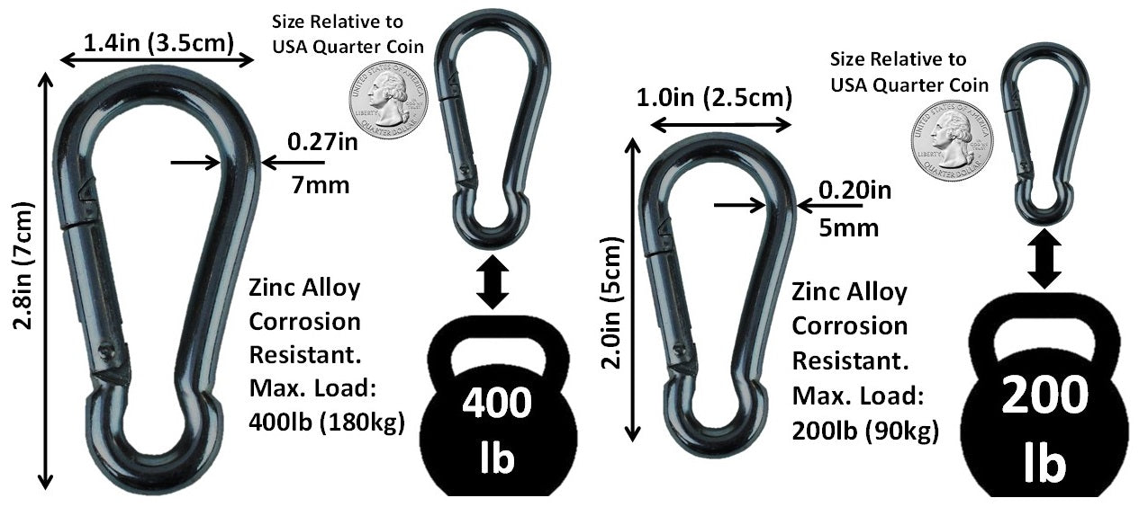Heavy Duty 2" & 2.8" Bushcraft Zinc-Galvanized Steel Carabiner Spring Snap Clip Link Hooks