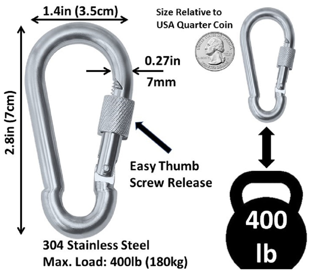 Heavy Duty 2" & 2.8" Stainless Steel Thumb Screw Locking Carabiner Spring Snap Clip Link Hooks