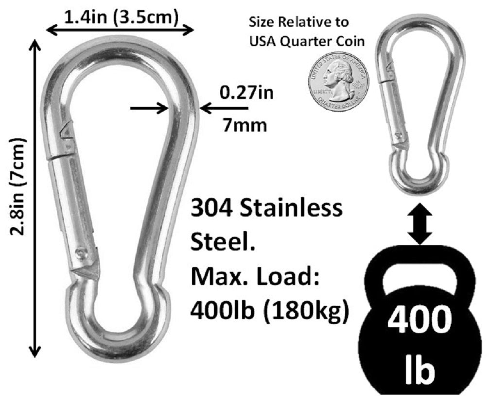 Heavy Duty 2" & 2.8" Stainless Steel Carabiner Spring Snap Clip Link Hooks