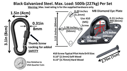 Heavy Duty 1000lb Hammock Hanging Kits, 304 Stainless Steel & Black Zinc Galvanized Steel Corrosion Resistant