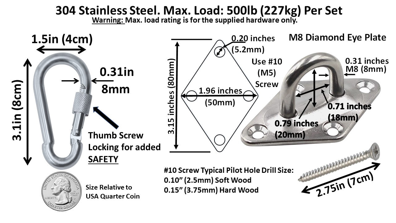 Heavy Duty 1000lb Hammock Hanging Kits, 304 Stainless Steel & Black Zinc Galvanized Steel Corrosion Resistant