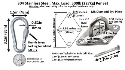 Heavy Duty 1000lb Hammock Hanging Kits, 304 Stainless Steel & Black Zinc Galvanized Steel Corrosion Resistant