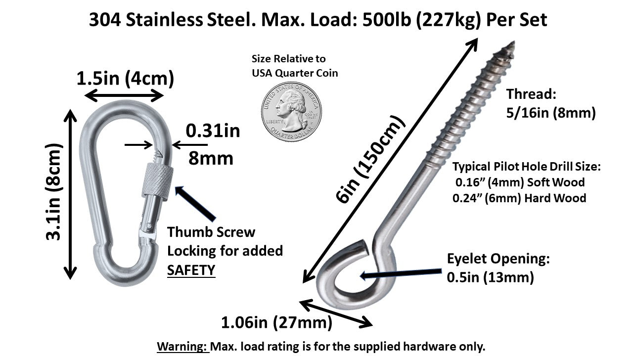 Heavy Duty 1000lb Hammock Hanging Kits, 304 Stainless Steel & Black Zinc Galvanized Steel Corrosion Resistant