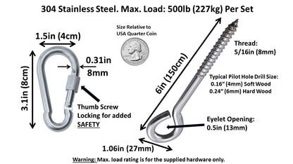 Heavy Duty 1000lb Hammock Hanging Kits, 304 Stainless Steel & Black Zinc Galvanized Steel Corrosion Resistant