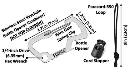 Bushcraft Stainless Steel Key Chain Bottle Opener Carabiner Clip and Bottle Holder