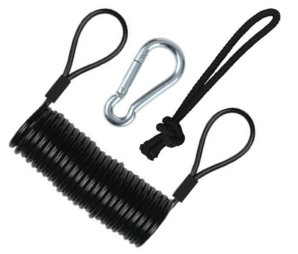 Branded Boards Steel Coiled Leash with Heavy Duty Hook & Loop Cuff, Carabiner & Paracord Loop.