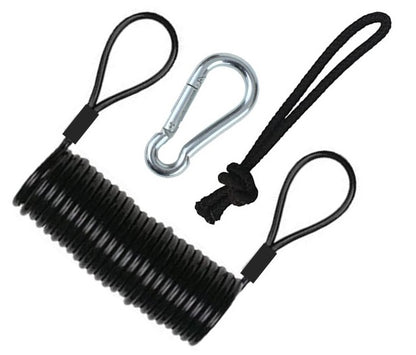 Branded Boards Steel Coiled Leash with Heavy Duty Hook & Loop Cuff, Carabiner & Paracord Loop.