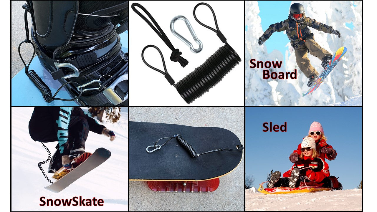 Branded Boards Steel Coiled Leash with Heavy Duty Hook & Loop Cuff, Carabiner & Paracord Loop.