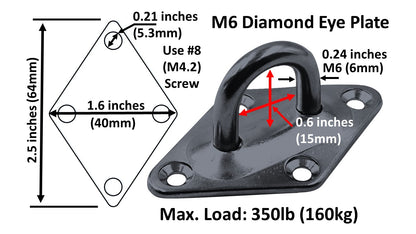 Heavy Duty M6 Ceiling Hook Diamond Pad Eye Plates, 304 Stainless Steel & Black Zinc Galvanized Steel