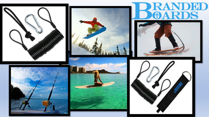Branded Boards Steel Coiled Leash with Heavy Duty Hook & Loop Cuff, Carabiner & Paracord Loop.