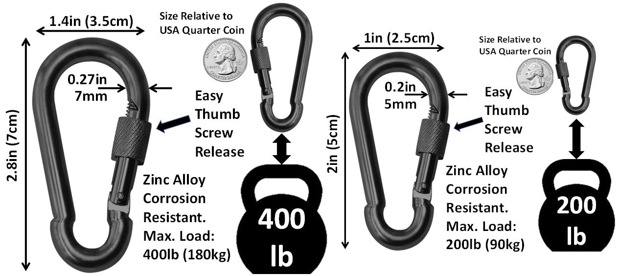 Heavy Duty 2" & 2.8" Locking Thumb Screw Closure Zinc-Galvanized Steel Carabiner Spring Snap Clip Link Hooks