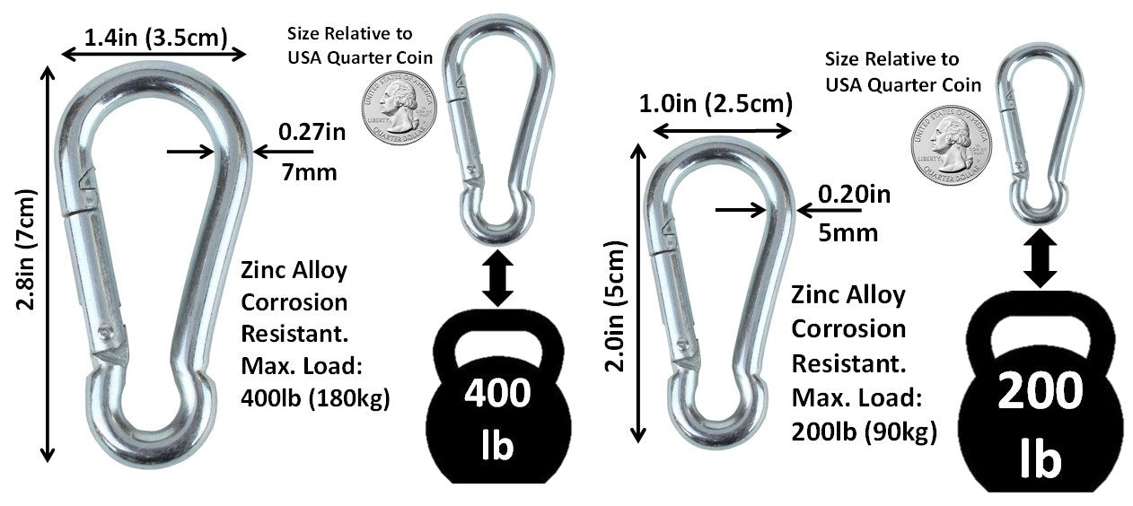 Heavy Duty 2" & 2.8" Bushcraft Zinc-Galvanized Steel Carabiner Spring Snap Clip Link Hooks