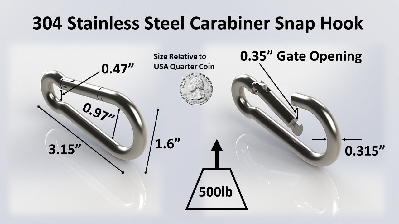 Heavy Duty 3.15 inch (80mm) 304 Stainless Steel & Black Zinc Carabiner Spring Snap Clip Link Hooks. 500lb Load