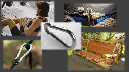 Heavy Duty 3.15 inch (80mm) 304 Stainless Steel & Black Zinc Carabiner Spring Snap Clip Link Hooks. 500lb Load